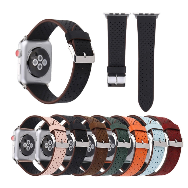 Pour Apple Watch Ultra 49mm / série 8 et 7 45mm / SE 2 & 6 & SE & 5 & 4 44mm / 3 & 2 & 1 42mm bracelet de montre à motif de trou en cuir véritable à la mode Simple, 42mm