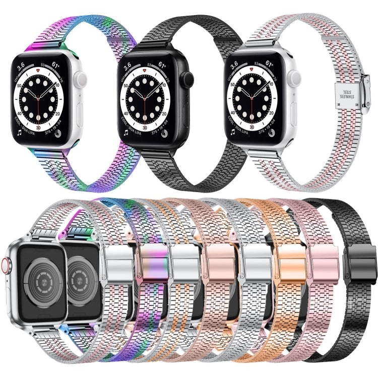 Bracelet de montre de remplacement en acier mince à boucle de sécurité double à sept perles de 14 mm pour la série Apple Watch, 7 41mm / 6 & SE & 5 & 4 40mm / 3 & 2 & 1 38mm, 7 45mm / 6 & SE & 5 & 4 44mm / 3 & 2 & 1 42mm