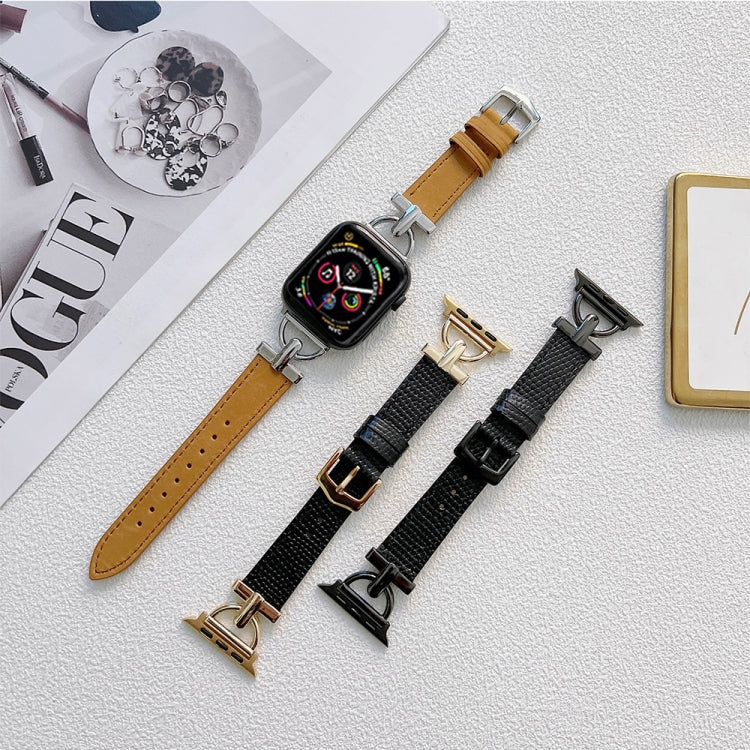 Acier en forme de D + bracelet en cuir véritable pour la série Apple Watch, 7 41mm / 6&SE&5&4 40mm / 3&2&1 38mm, 7 45mm / 6&SE&5&4 44mm / 3&2&1 42mm