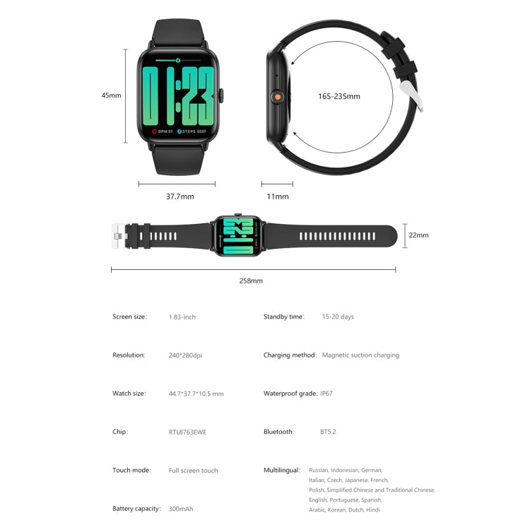 QS13 1,83 pouces BT5.2 montre de sport intelligente, prise en charge des appels Bluetooth/sommeil/glycémie/oxygène dans le sang/fréquence cardiaque/moniteur de santé de la pression artérielle