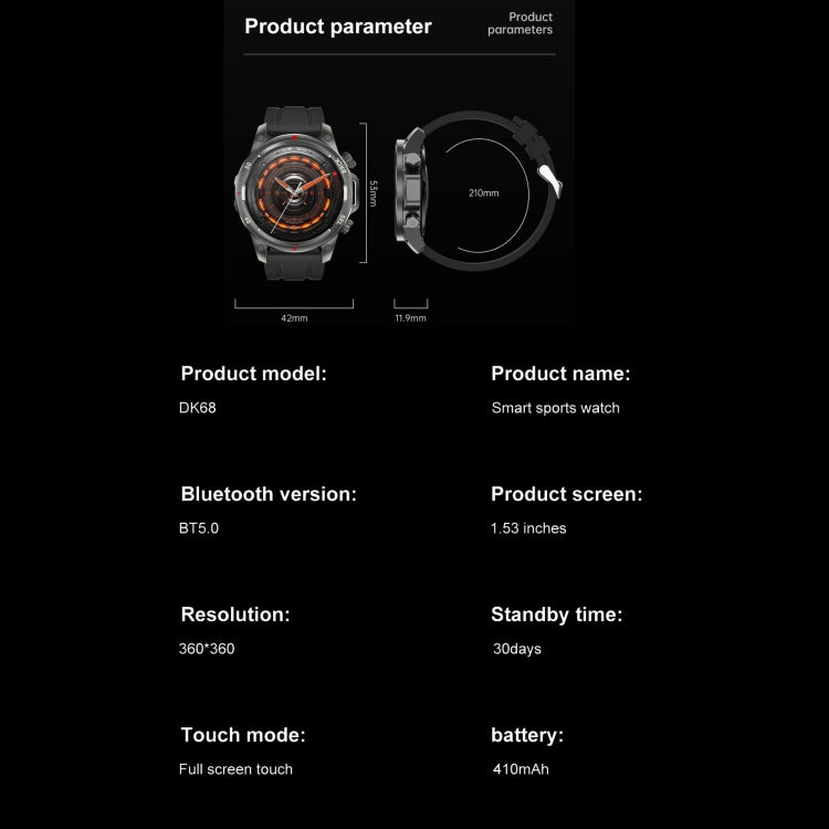 DK68 1,53 pouces IP67 BT 5.0 Montre intelligente de sport de remise en forme, prise en charge de la lampe de poche LED / appel Bluetooth / sommeil / oxygène sanguin / fréquence cardiaque / moniteur de santé de la pression artérielle