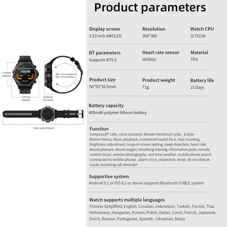 Montre intelligente de sport LC18 1,53 pouces IP67 BT5.0 avec écouteurs, prise en charge des appels Bluetooth/sommeil/oxygène sanguin/fréquence cardiaque/moniteur de santé de la pression artérielle