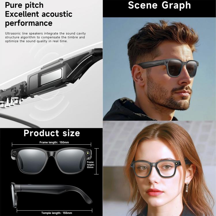 Lunettes intelligentes L801 avec caméra HD 8 MP, enregistrement vidéo, transmission WiFi, assistant vocal intelligent et casque audio connecté.