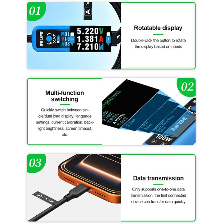 Câble de charge rapide RELIFE XA7 100 W Type-C avec affichage numérique 1 vers 2 pour iPhone/Android