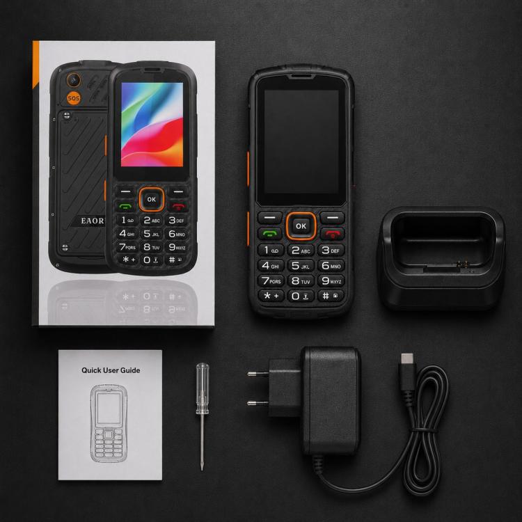 Téléphone durci HP290Z 4G IP68, écran 2,8 pouces, batterie 3000 mAh, réseau : 4G, Bluetooth, radio FM, SOS, lampe torche, avec station de charge, EU Plug, US Plug, UK Plug