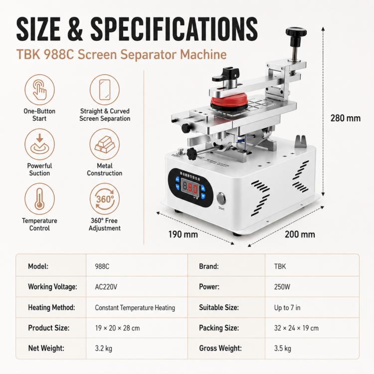 TBK 988C – séparateur rotatif LCD, dissolvant de cadre central