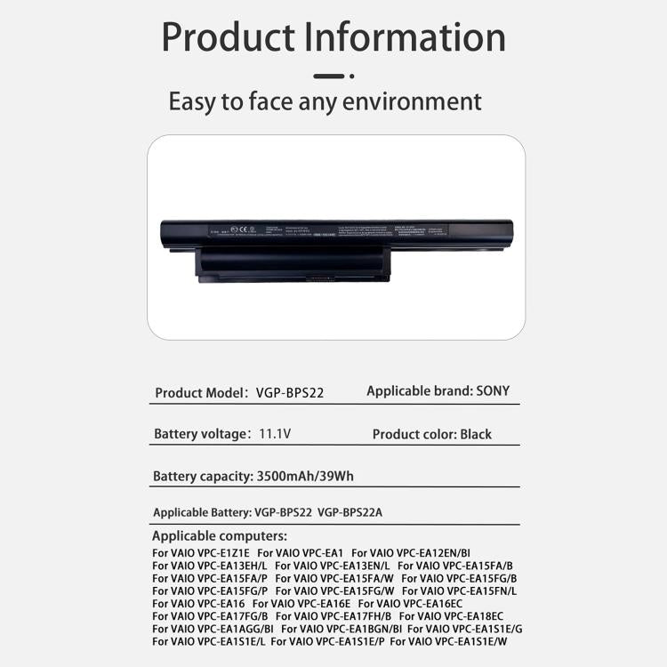 Batteries pour ordinateur portable 4400 mAh compatibles avec les modèles Sony PCG-61212t et 61211T, VGP-BPS22