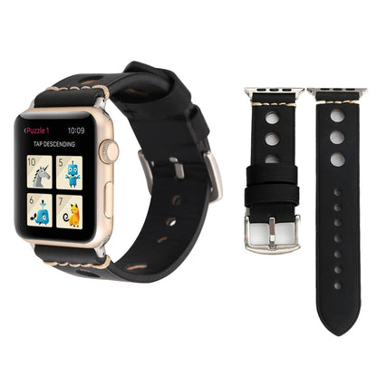 Pour Apple Watch Series 7 45mm / 6 & SE & 5 & 4 44mm / 42mm 3 & 2 & 1 bracelet de montre en cuir véritable à trous rétro, For 42mm