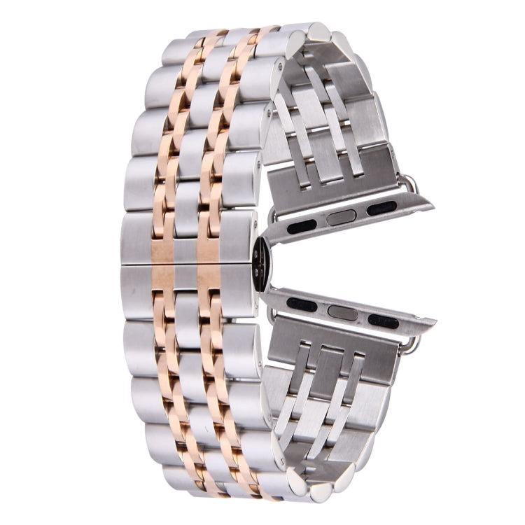 Bracelet de montre en acier inoxydable à 7 perles avec boucle papillon cachée pour Apple Watch 42 mm (or argenté), 20mm Women