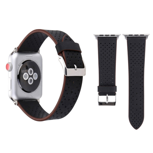 Pour Apple Watch Series 8 & 7 41mm / SE 2 & 6 & SE & 5 & 4 40mm / 3 & 2 & 1 38mm Simple mode bracelet de montre en cuir véritable à motif de trou, 38mm