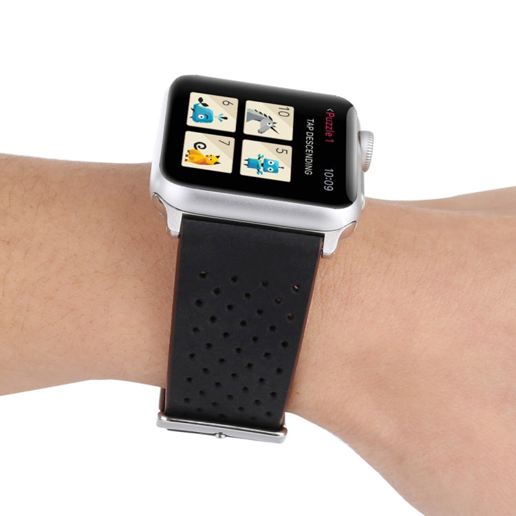 Pour Apple Watch Series 8 & 7 41mm / SE 2 & 6 & SE & 5 & 4 40mm / 3 & 2 & 1 38mm Simple mode bracelet de montre en cuir véritable à motif de trou, 38mm
