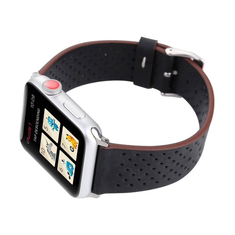 Pour Apple Watch Ultra 49mm / série 8 et 7 45mm / SE 2 & 6 & SE & 5 & 4 44mm / 3 & 2 & 1 42mm bracelet de montre à motif de trou en cuir véritable à la mode Simple, 42mm