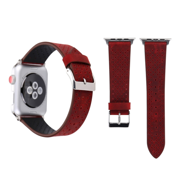 Pour Apple Watch Ultra 49mm / série 8 et 7 45mm / SE 2 & 6 & SE & 5 & 4 44mm / 3 & 2 & 1 42mm bracelet de montre à motif de trou en cuir véritable à la mode Simple, 42mm