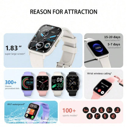 Montre intelligente étanche DM60 de 1,83 pouces, prend en charge la surveillance de la température corporelle/fréquence cardiaque/oxygène sanguin/surveillance de la pression artérielle