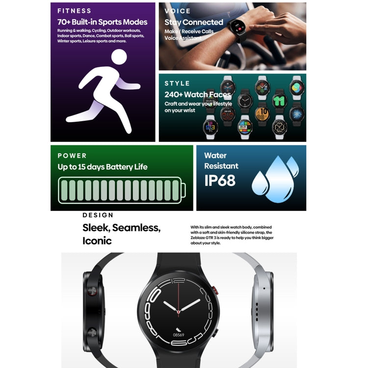 Montre intelligente Zeblaze GTR 3 1,32 pouces, prise en charge des appels vocaux/fréquence cardiaque/oxygène sanguin/température de la peau au poignet/modes sportifs