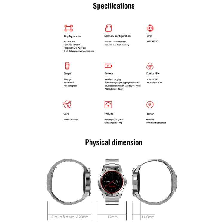 Montre intelligente N6 Écran TFT 1,3 pouces MTK2502C Bluetooth4.0, bracelet de montre en acier inoxydable, moniteur de fréquence cardiaque, podomètre, moniteur de sommeil et rappel de sédentarité, Stainless Steel Watch Strap/Black                      ...
