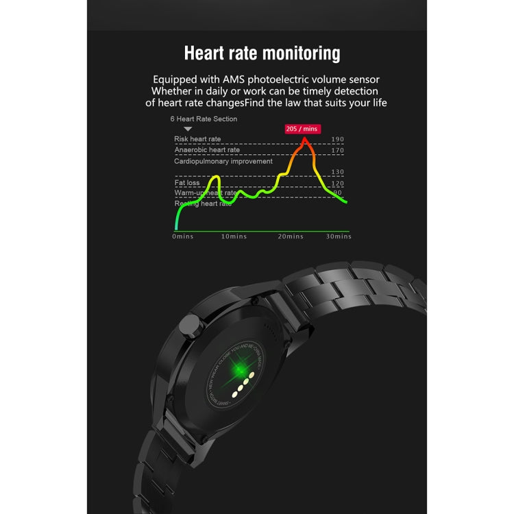 Montre intelligente N6 Écran TFT 1,3 pouces MTK2502C Bluetooth4.0, bracelet de montre en acier inoxydable, moniteur de fréquence cardiaque, podomètre, moniteur de sommeil et rappel de sédentarité, Stainless Steel Watch Strap/Black                      ...