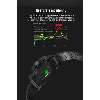 Montre intelligente N6 Écran TFT 1,3 pouces MTK2502C Bluetooth4.0, bracelet de montre en acier inoxydable, moniteur de fréquence cardiaque, podomètre, moniteur de sommeil et rappel de sédentarité, Stainless Steel Watch Strap/Black                      ...