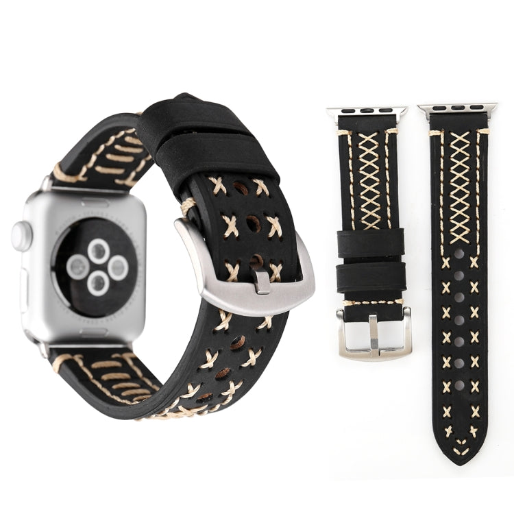 Pour Apple Watch Series 8 & 7 41mm / SE 2 & 6 & SE & 5 & 4 40mm / 3 & 2 & 1 38mm motif de ligne manuelle bracelet de montre en cuir véritable, For 38mm