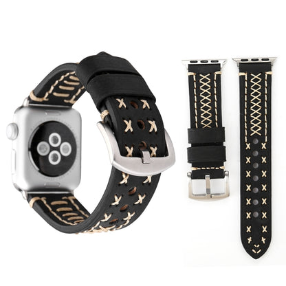 Pour Apple Watch Series 8 & 7 41mm / SE 2 & 6 & SE & 5 & 4 40mm / 3 & 2 & 1 38mm motif de ligne manuelle bracelet de montre en cuir véritable, For 38mm