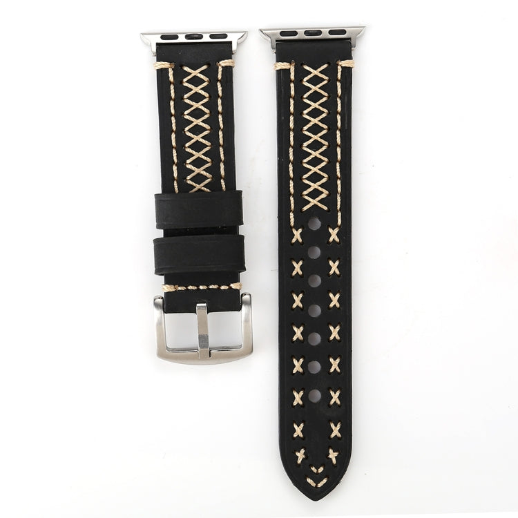 Pour Apple Watch Series 8 & 7 41mm / SE 2 & 6 & SE & 5 & 4 40mm / 3 & 2 & 1 38mm motif de ligne manuelle bracelet de montre en cuir véritable, For 38mm