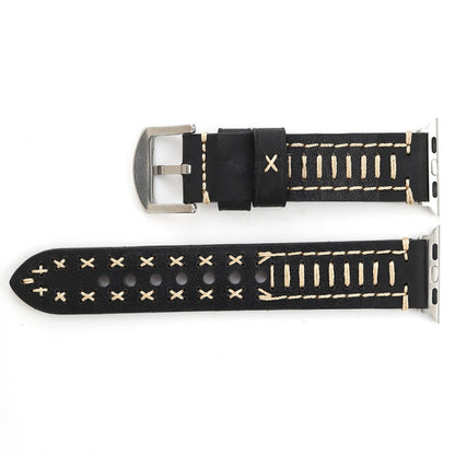 Pour Apple Watch Series 8 & 7 41mm / SE 2 & 6 & SE & 5 & 4 40mm / 3 & 2 & 1 38mm motif de ligne manuelle bracelet de montre en cuir véritable, For 38mm