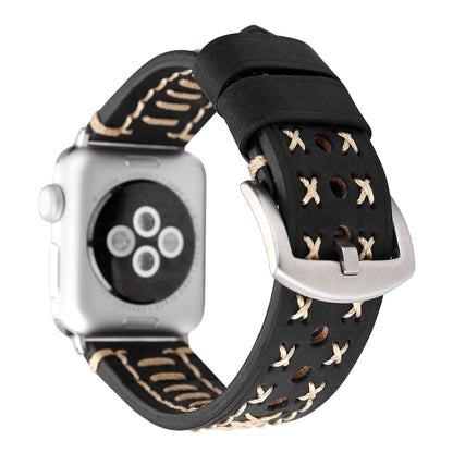 Pour Apple Watch Series 8 & 7 41mm / SE 2 & 6 & SE & 5 & 4 40mm / 3 & 2 & 1 38mm motif de ligne manuelle bracelet de montre en cuir véritable, For 38mm