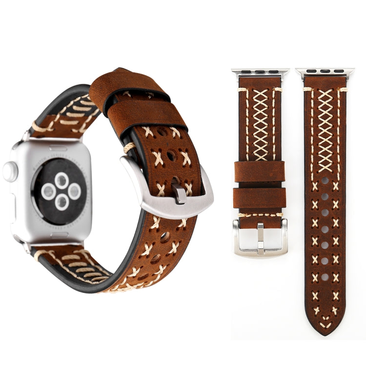 Pour Apple Watch Series 8 & 7 41mm / SE 2 & 6 & SE & 5 & 4 40mm / 3 & 2 & 1 38mm motif de ligne manuelle bracelet de montre en cuir véritable, For 38mm