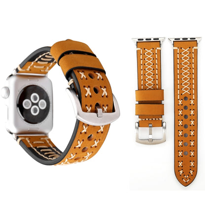 Pour Apple Watch Series 8 & 7 41mm / SE 2 & 6 & SE & 5 & 4 40mm / 3 & 2 & 1 38mm motif de ligne manuelle bracelet de montre en cuir véritable, For 38mm