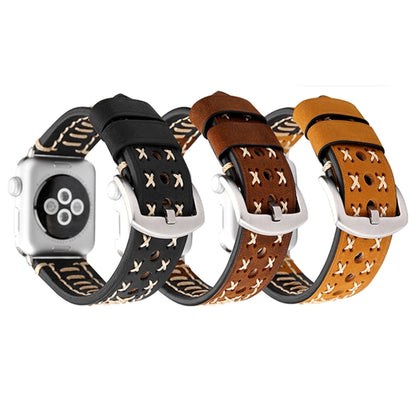 Pour Apple Watch Series 8 & 7 41mm / SE 2 & 6 & SE & 5 & 4 40mm / 3 & 2 & 1 38mm motif de ligne manuelle bracelet de montre en cuir véritable, For 38mm