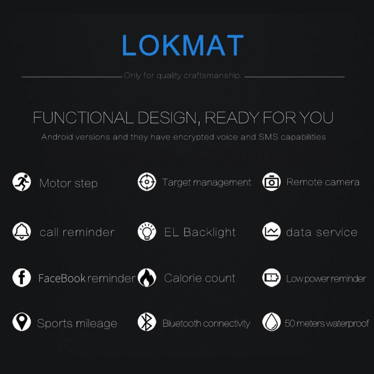 Lokmat MK16 Écran LCD 50m Montre Intelligente Étanche, Rappel d'informations de Support / Caméra à Distance / Moniteur de Mouvement de Marche
