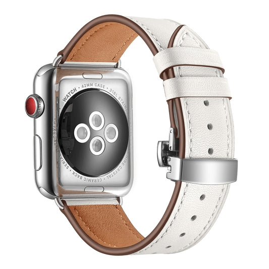 Bracelets de rechange en cuir véritable + boucle argentée papillon pour Apple Watch Series 6 & SE & 5 & 4 44mm / 3 & 2 & 1 42mm, Silver Buckle For Apple Watch Series 7 45mm / 6 & SE & 5 & 4 44mm / 3 & 2 & 1 42mm