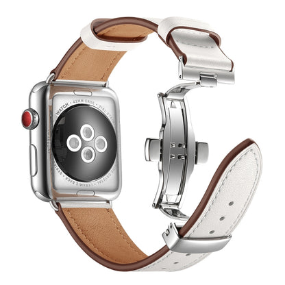 Bracelets de rechange en cuir véritable + boucle argentée papillon pour Apple Watch Series 6 & SE & 5 & 4 44mm / 3 & 2 & 1 42mm, Silver Buckle For Apple Watch Series 7 45mm / 6 & SE & 5 & 4 44mm / 3 & 2 & 1 42mm