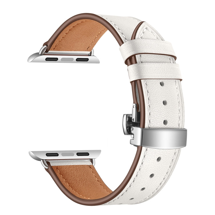 Bracelets de rechange en cuir véritable + boucle argentée papillon pour Apple Watch Series 6 & SE & 5 & 4 44mm / 3 & 2 & 1 42mm, Silver Buckle For Apple Watch Series 7 45mm / 6 & SE & 5 & 4 44mm / 3 & 2 & 1 42mm