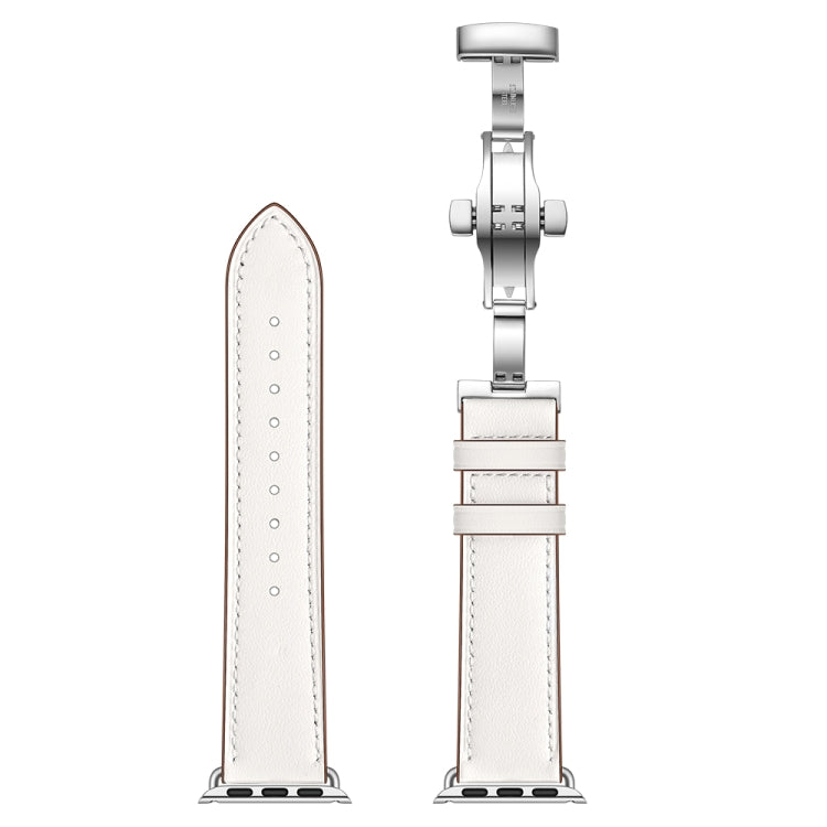 Bracelets de rechange en cuir véritable + boucle argentée papillon pour Apple Watch Series 6 & SE & 5 & 4 44mm / 3 & 2 & 1 42mm, Silver Buckle For Apple Watch Series 7 45mm / 6 & SE & 5 & 4 44mm / 3 & 2 & 1 42mm