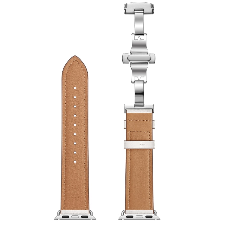 Bracelets de rechange en cuir véritable + boucle argentée papillon pour Apple Watch Series 6 & SE & 5 & 4 44mm / 3 & 2 & 1 42mm, Silver Buckle For Apple Watch Series 7 45mm / 6 & SE & 5 & 4 44mm / 3 & 2 & 1 42mm