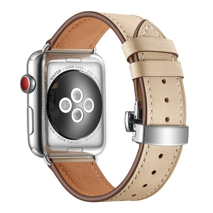 Bracelets de rechange en cuir véritable + boucle argentée papillon pour Apple Watch Series 6 & SE & 5 & 4 44mm / 3 & 2 & 1 42mm, Silver Buckle For Apple Watch Series 7 45mm / 6 & SE & 5 & 4 44mm / 3 & 2 & 1 42mm