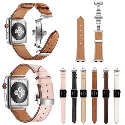 Bracelets de rechange en cuir véritable + boucle argentée papillon pour Apple Watch Series 6 & SE & 5 & 4 44mm / 3 & 2 & 1 42mm, Silver Buckle For Apple Watch Series 7 45mm / 6 & SE & 5 & 4 44mm / 3 & 2 & 1 42mm