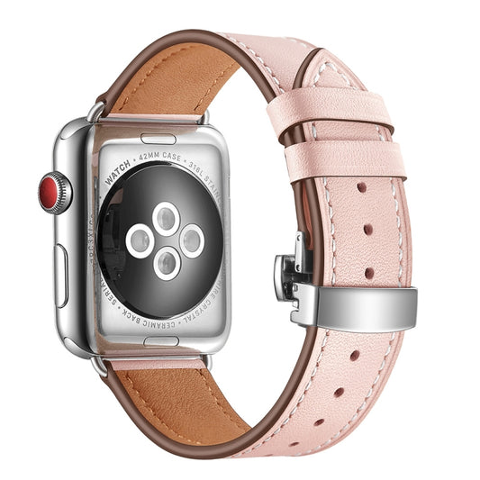 Bracelets de remplacement en cuir véritable + boucle argentée papillon pour Apple Watch Series 6 & SE & 5 & 4 40mm / 3 & 2 & 1 38mm, Silver Buckle For Apple Watch Series 7 41mm / 6 & SE & 5 & 4 40mm / 3 & 2 & 1 38mm