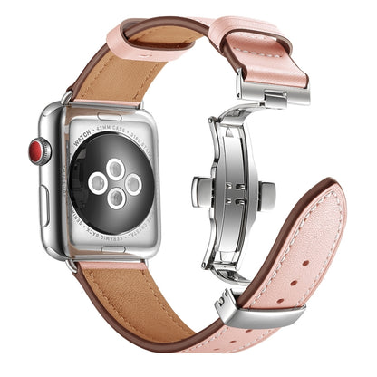 Bracelets de remplacement en cuir véritable + boucle argentée papillon pour Apple Watch Series 6 & SE & 5 & 4 40mm / 3 & 2 & 1 38mm, Silver Buckle For Apple Watch Series 7 41mm / 6 & SE & 5 & 4 40mm / 3 & 2 & 1 38mm