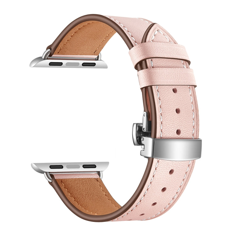 Bracelets de remplacement en cuir véritable + boucle argentée papillon pour Apple Watch Series 6 & SE & 5 & 4 40mm / 3 & 2 & 1 38mm, Silver Buckle For Apple Watch Series 7 41mm / 6 & SE & 5 & 4 40mm / 3 & 2 & 1 38mm