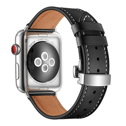 Bracelets de remplacement en cuir véritable + boucle argentée papillon pour Apple Watch Series 6 & SE & 5 & 4 40mm / 3 & 2 & 1 38mm, Silver Buckle For Apple Watch Series 7 41mm / 6 & SE & 5 & 4 40mm / 3 & 2 & 1 38mm