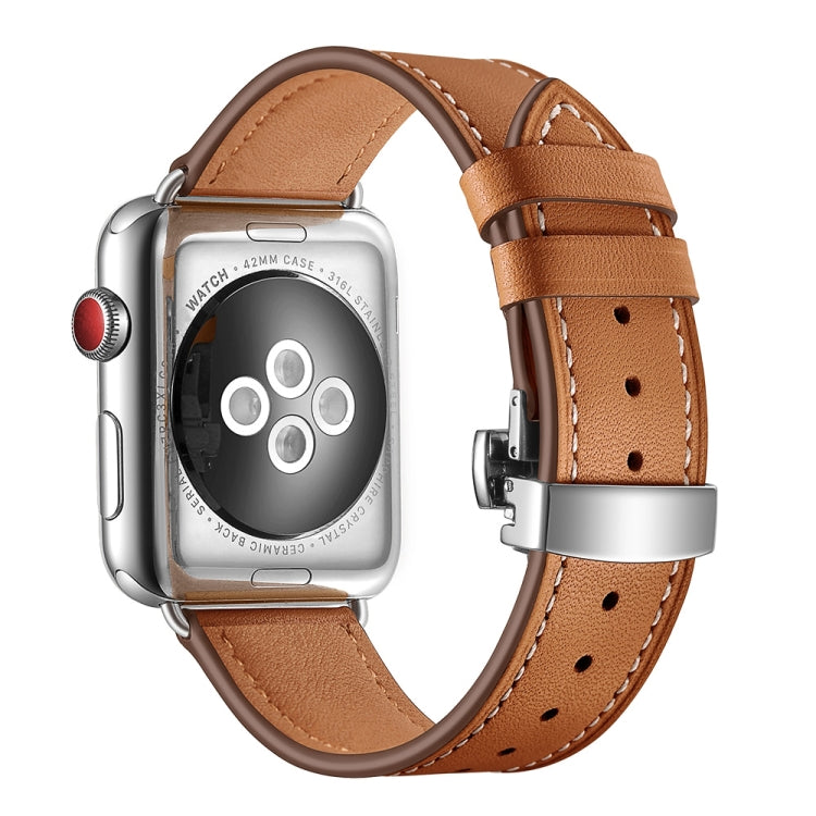 Bracelets de remplacement en cuir véritable + boucle argentée papillon pour Apple Watch Series 6 & SE & 5 & 4 40mm / 3 & 2 & 1 38mm, Silver Buckle For Apple Watch Series 7 41mm / 6 & SE & 5 & 4 40mm / 3 & 2 & 1 38mm