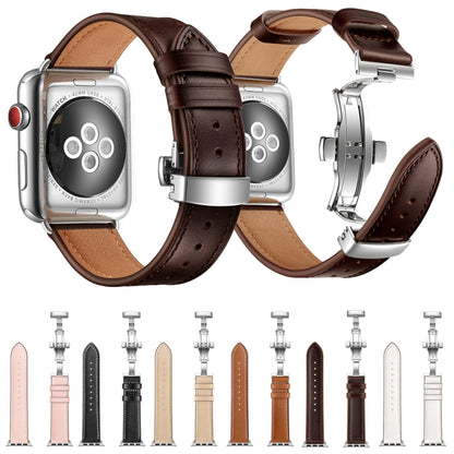 Bracelets de remplacement en cuir véritable + boucle argentée papillon pour Apple Watch Series 6 & SE & 5 & 4 40mm / 3 & 2 & 1 38mm, Silver Buckle For Apple Watch Series 7 41mm / 6 & SE & 5 & 4 40mm / 3 & 2 & 1 38mm