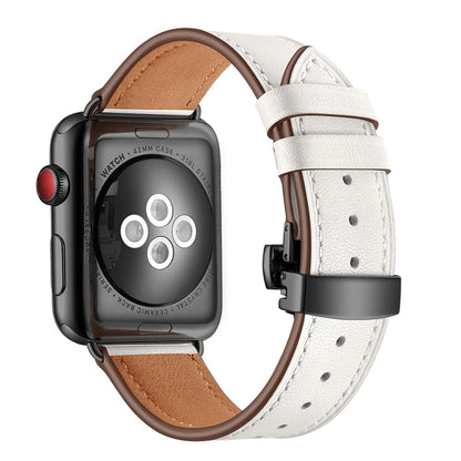 Bracelets de rechange en cuir véritable + boucle noire papillon pour Apple Watch Series 6 & SE & 5 & 4 44mm / 3 & 2 & 1 42mm, Black Buckle For Apple Watch Series 7 45mm / 6 & SE & 5 & 4 44mm / 3 & 2 & 1 42mm