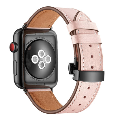 Bracelets de rechange en cuir véritable + boucle noire papillon pour Apple Watch Series 6 & SE & 5 & 4 44mm / 3 & 2 & 1 42mm, Black Buckle For Apple Watch Series 7 45mm / 6 & SE & 5 & 4 44mm / 3 & 2 & 1 42mm