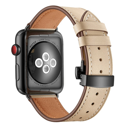 Bracelets de rechange en cuir véritable + boucle noire papillon pour Apple Watch Series 6 & SE & 5 & 4 44mm / 3 & 2 & 1 42mm, Black Buckle For Apple Watch Series 7 45mm / 6 & SE & 5 & 4 44mm / 3 & 2 & 1 42mm