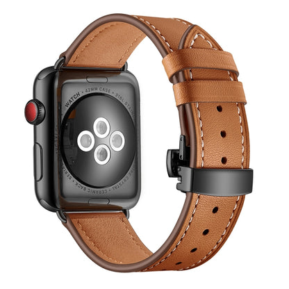 Bracelets de rechange en cuir véritable + boucle noire papillon pour Apple Watch Series 6 & SE & 5 & 4 44mm / 3 & 2 & 1 42mm, Black Buckle For Apple Watch Series 7 45mm / 6 & SE & 5 & 4 44mm / 3 & 2 & 1 42mm