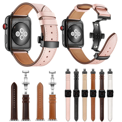 Bracelets de rechange en cuir véritable + boucle noire papillon pour Apple Watch Series 6 & SE & 5 & 4 44mm / 3 & 2 & 1 42mm, Black Buckle For Apple Watch Series 7 45mm / 6 & SE & 5 & 4 44mm / 3 & 2 & 1 42mm