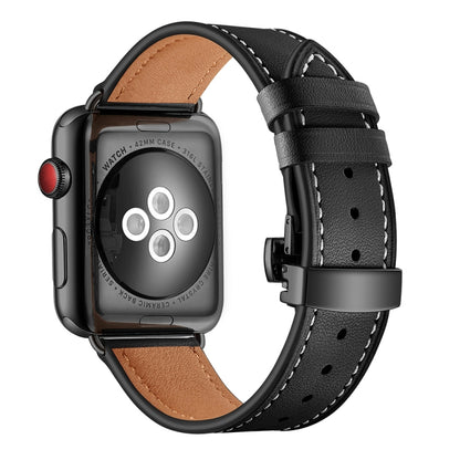 Bracelets de remplacement en cuir véritable + boucle noire papillon pour Apple Watch Series 6 & SE & 5 & 4 40mm / 3 & 2 & 1 38mm, Black Buckle For Apple Watch Series 8&7 41mm / SE 2&6&SE&5&4 40mm / 3&2&1 38mm                                            ...